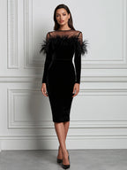 Velvet Feather-Trim Mesh Yoke Sheath Midi Dress