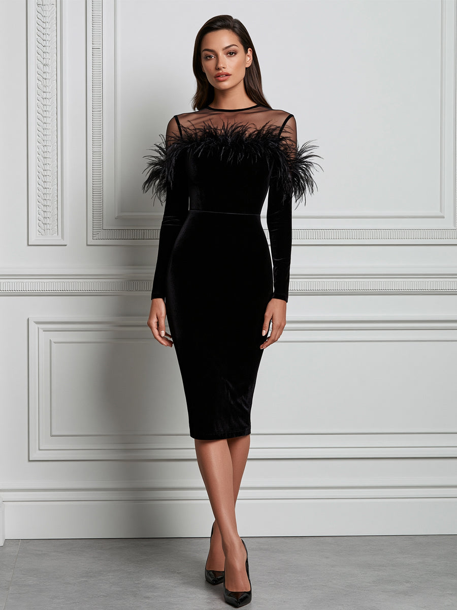 Velvet Feather-Trim Mesh Yoke Sheath Midi Dress