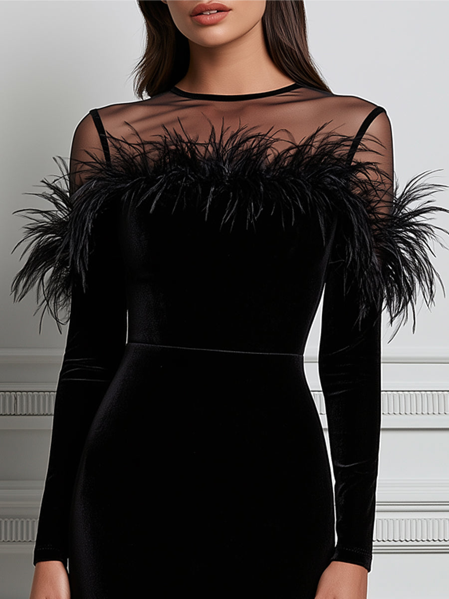 Velvet Feather-Trim Mesh Yoke Sheath Midi Dress