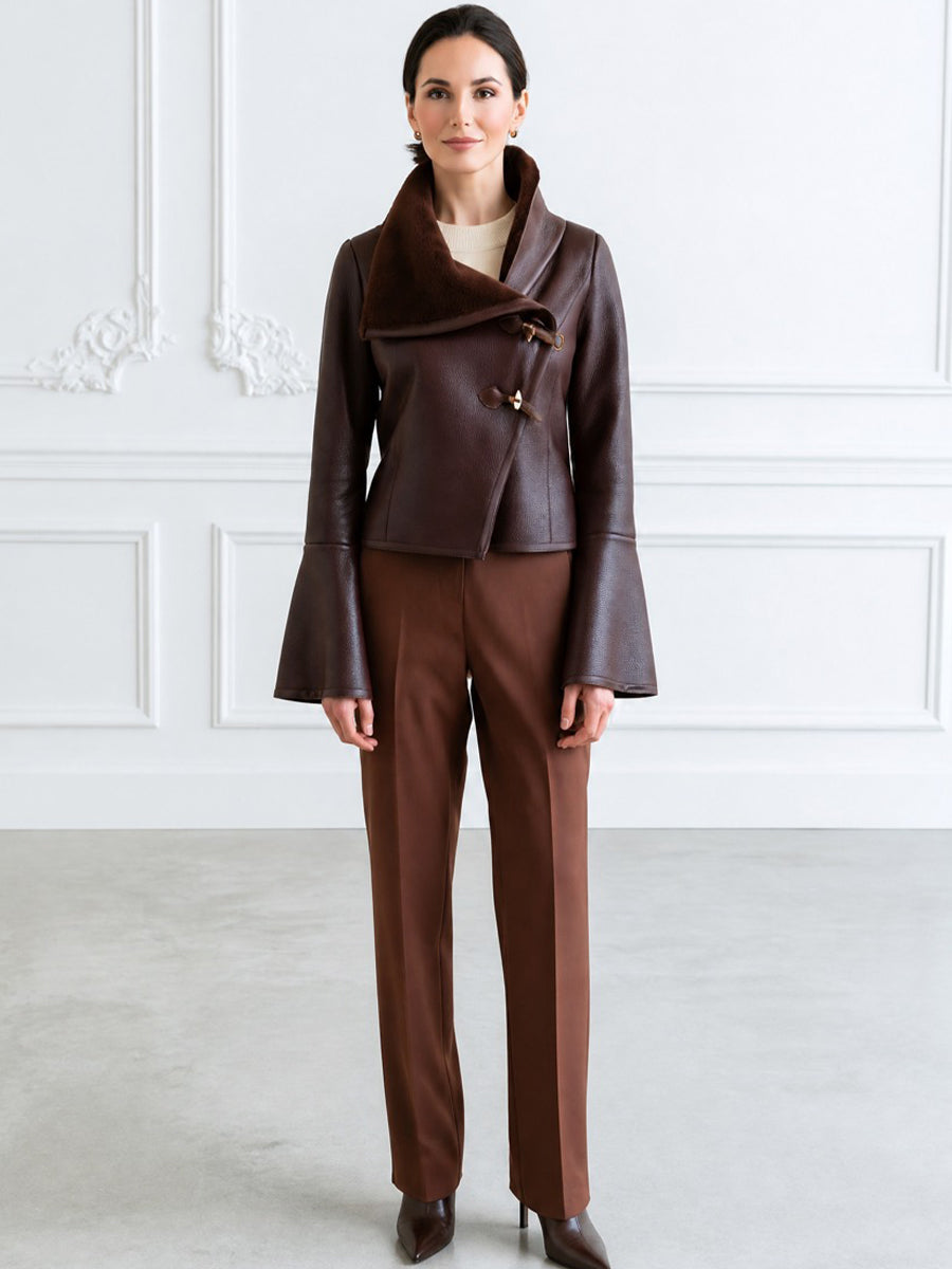 Women's Faux Leather Jacket with Shearling Collar and Flared Cuffs