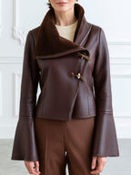 Women's Faux Leather Jacket with Shearling Collar and Flared Cuffs