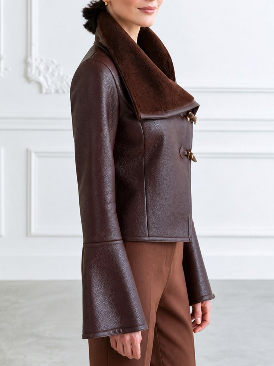Women's Faux Leather Jacket with Shearling Collar and Flared Cuffs