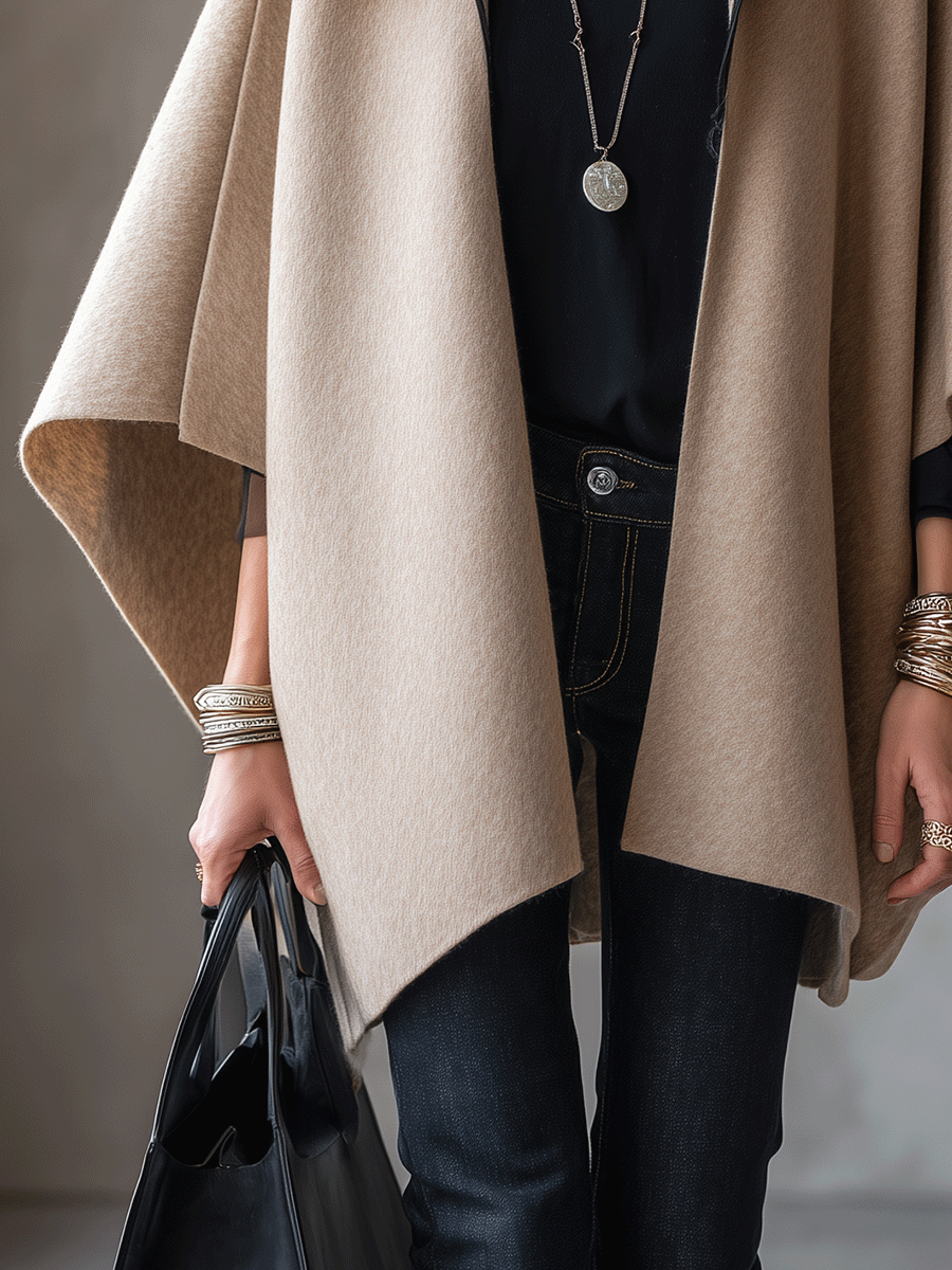 Quiet Luxury Wool Blend Oversized-Fit Camel Cape Jacket