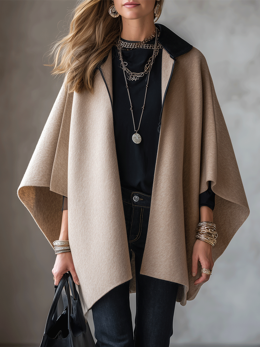 Quiet Luxury Wool Blend Oversized-Fit Camel Cape Jacket