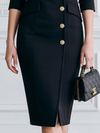 Elegant Gold Button Blazer-Style Breasted Sheath Midi Dress