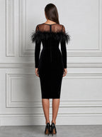 Velvet Feather-Trim Mesh Yoke Sheath Midi Dress