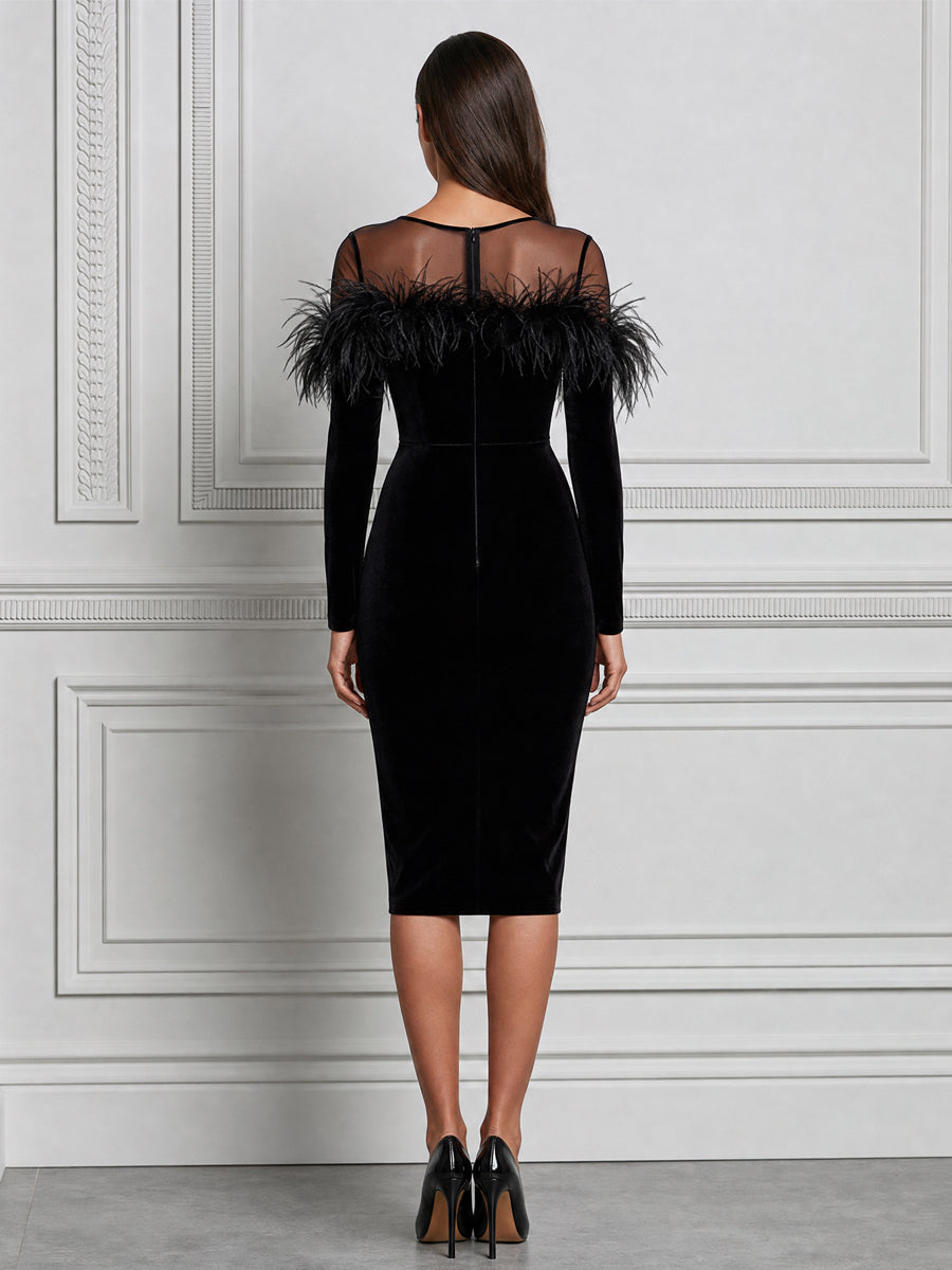 Velvet Feather-Trim Mesh Yoke Sheath Midi Dress
