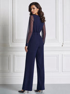 Elegant Cowl Neck Sheer Long Sleeve Belted Wide Leg Jumpsuit