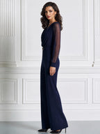 Elegant Cowl Neck Sheer Long Sleeve Belted Wide Leg Jumpsuit