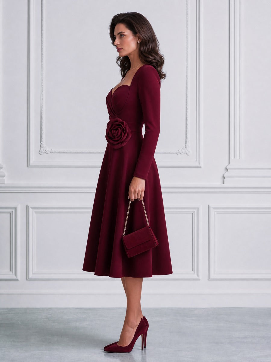 Elegant Sweetheart Neckline 3D Rose A-Line Midi Dress