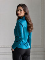 Teal Satin Draped Notched-Collar Long-Sleeve Blouse