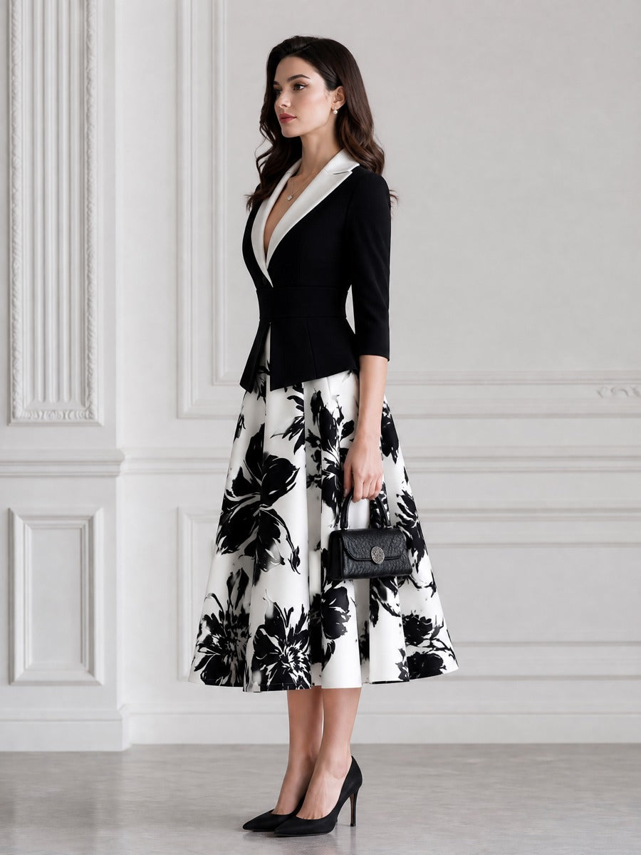 Elegant Contrast Collar Peplum Floral Print A-Line Midi Dress