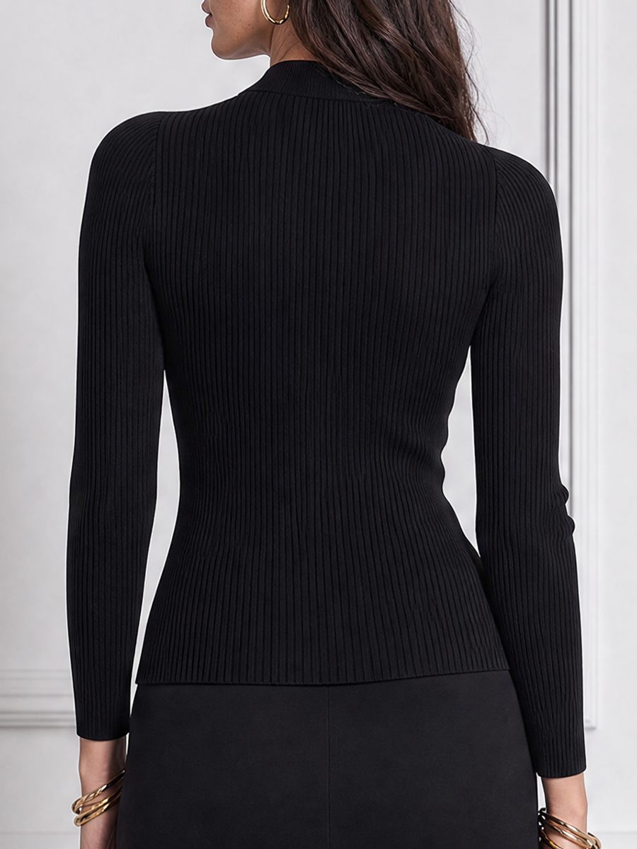 Black Lace Mock Neck Ribbed Knit Button Detail Blouse