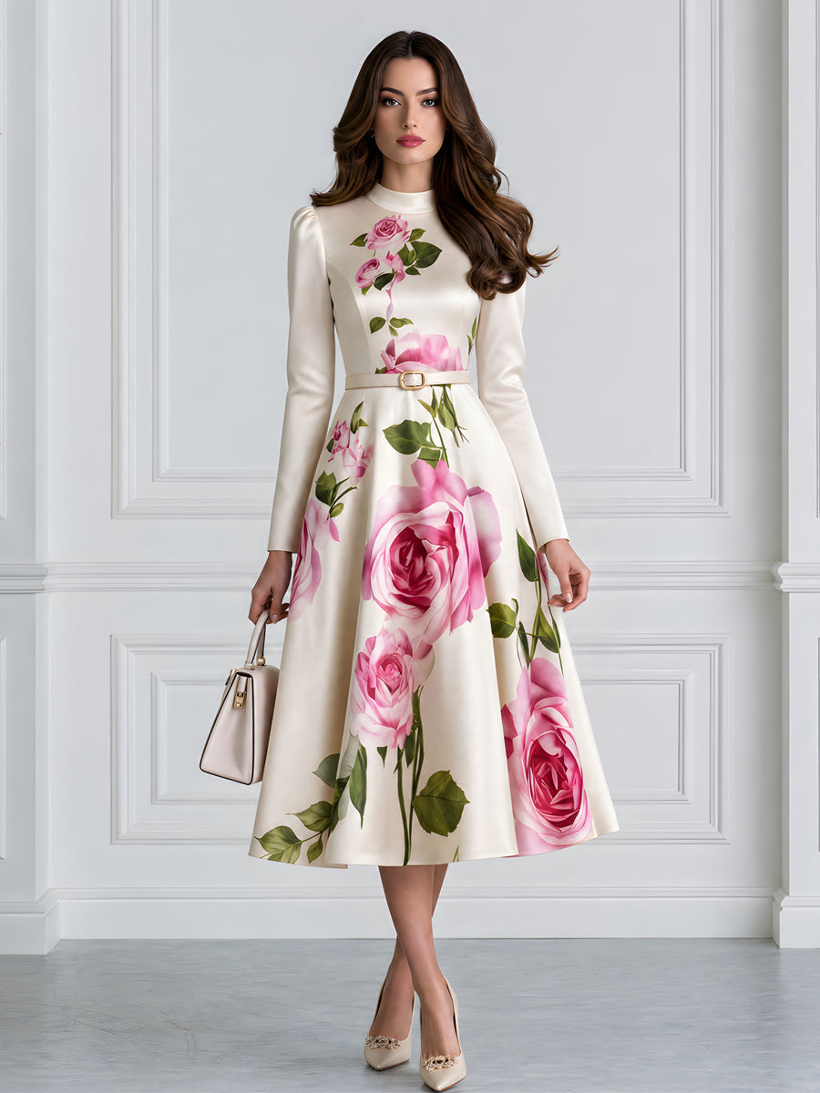Ivory Pink Rose Print Belted Satin A-Line Midi Dress