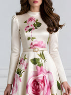 Ivory Pink Rose Print Belted Satin A-Line Midi Dress