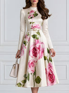 Ivory Pink Rose Print Belted Satin A-Line Midi Dress