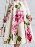 Ivory Pink Rose Print Belted Satin A-Line Midi Dress