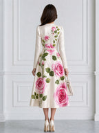 Ivory Pink Rose Print Belted Satin A-Line Midi Dress