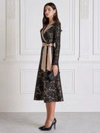Elegant Floral Lace Satin Lapel Belted Wrap Midi Dress