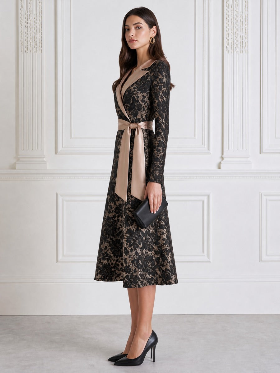 Elegant Floral Lace Satin Lapel Belted Wrap Midi Dress
