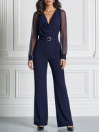 Elegant Cowl Neck Sheer Long Sleeve Belted Wide Leg Jumpsuit