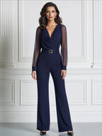 Elegant Cowl Neck Sheer Long Sleeve Belted Wide Leg Jumpsuit
