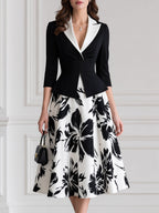 Elegant Contrast Collar Peplum Floral Print A-Line Midi Dress