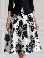 Elegant Contrast Collar Peplum Floral Print A-Line Midi Dress