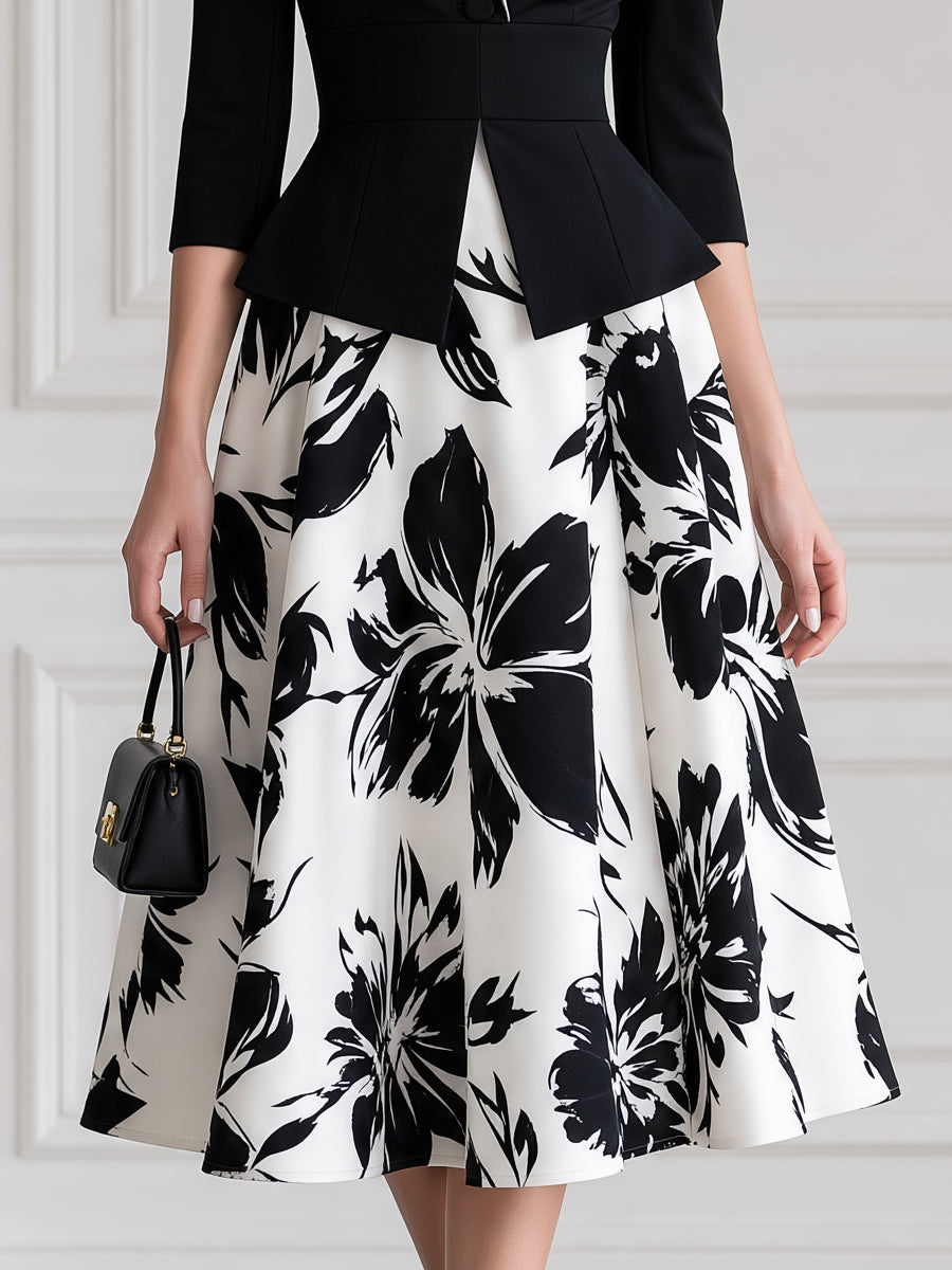 Elegant Contrast Collar Peplum Floral Print A-Line Midi Dress