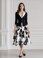 Elegant Contrast Collar Peplum Floral Print A-Line Midi Dress
