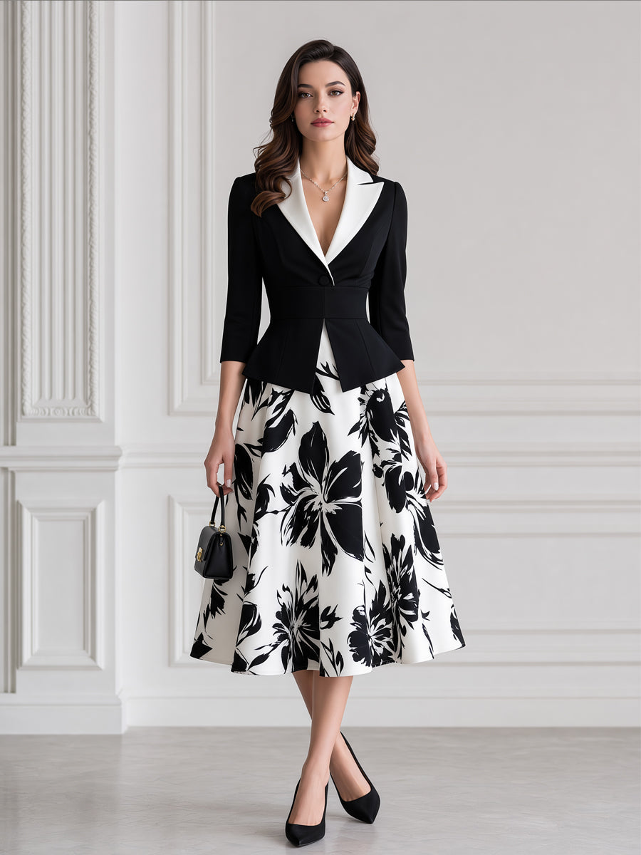 Elegant Contrast Collar Peplum Floral Print A-Line Midi Dress