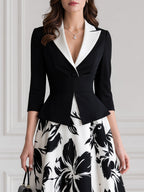 Elegant Contrast Collar Peplum Floral Print A-Line Midi Dress