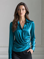 Teal Satin Draped Notched-Collar Long-Sleeve Blouse