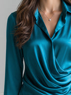 Teal Satin Draped Notched-Collar Long-Sleeve Blouse
