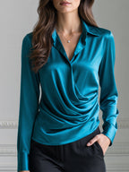 Teal Satin Draped Notched-Collar Long-Sleeve Blouse