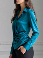Teal Satin Draped Notched-Collar Long-Sleeve Blouse