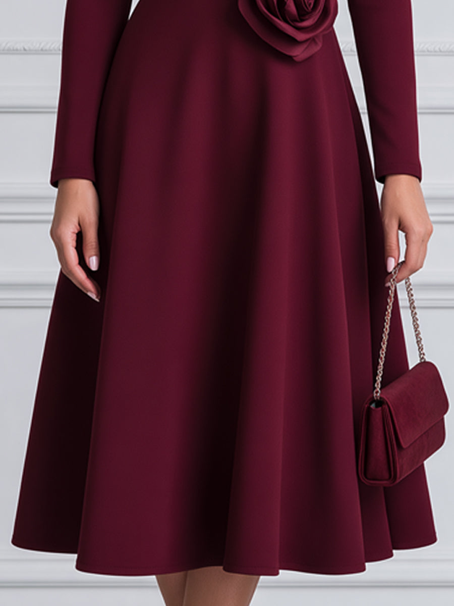 Elegant Sweetheart Neckline 3D Rose A-Line Midi Dress