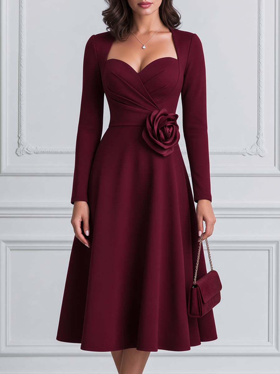 Elegant Sweetheart Neckline 3D Rose A-Line Midi Dress