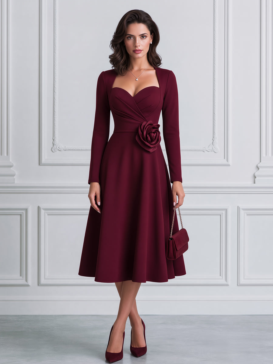 Elegant Sweetheart Neckline 3D Rose A-Line Midi Dress