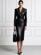 Croc-Embossed Faux Leather Blazer Dress with Satin Peak Lapel