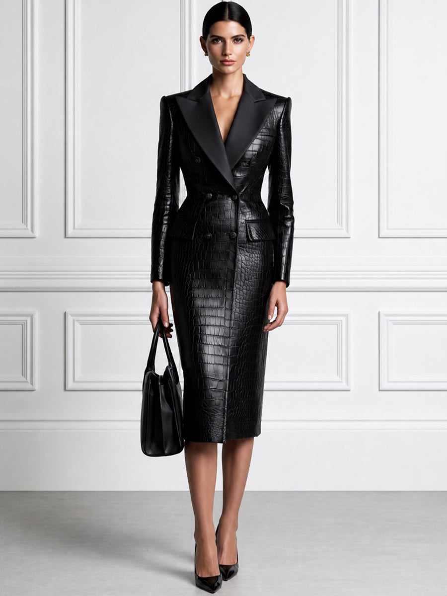 Croc-Embossed Faux Leather Blazer Dress with Satin Peak Lapel