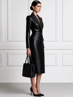 Croc-Embossed Faux Leather Blazer Dress with Satin Peak Lapel