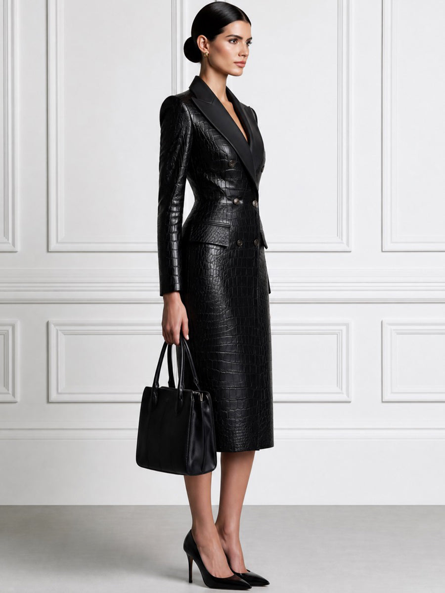 Croc-Embossed Faux Leather Blazer Dress with Satin Peak Lapel