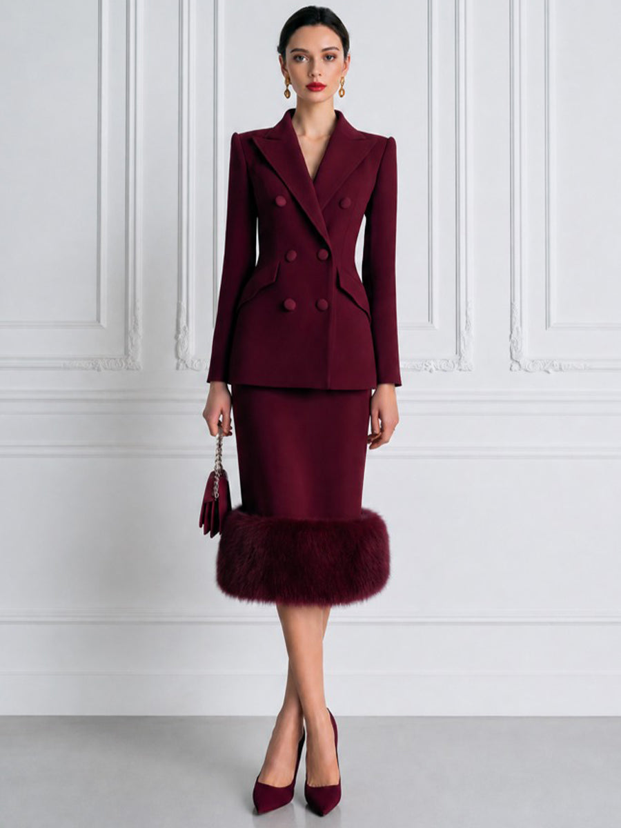 Women's Double-Breasted Blazer & Faux Fur Hem Skirt Suit