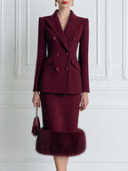 Women's Double-Breasted Blazer & Faux Fur Hem Skirt Suit