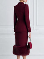 Women's Double-Breasted Blazer & Faux Fur Hem Skirt Suit