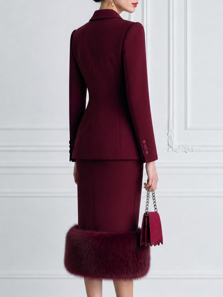 Women's Double-Breasted Blazer & Faux Fur Hem Skirt Suit