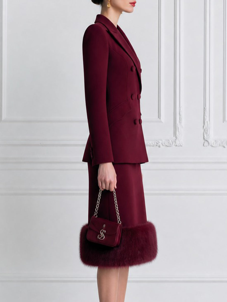 Women's Double-Breasted Blazer & Faux Fur Hem Skirt Suit