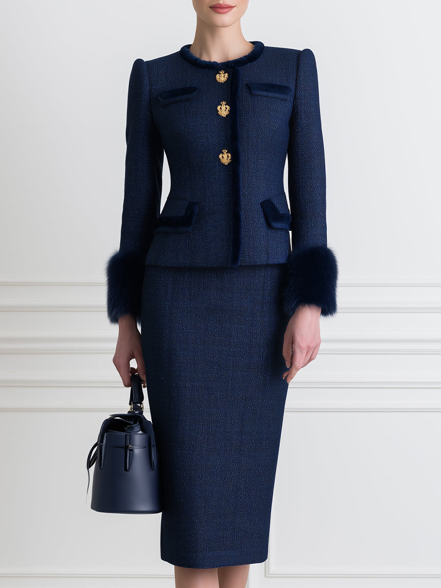 Elegant Navy Tweed Two-Piece Set with Fur Cuffs and Gold Buttons