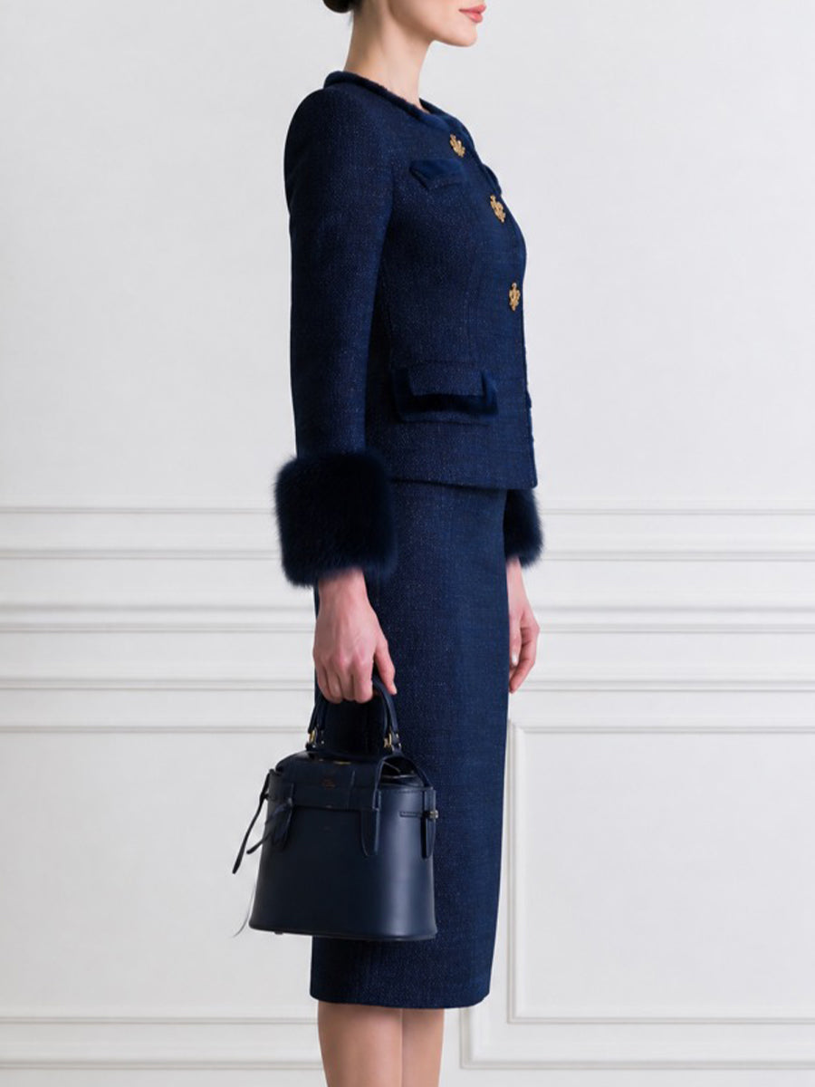 Elegant Navy Tweed Two-Piece Set with Fur Cuffs and Gold Buttons